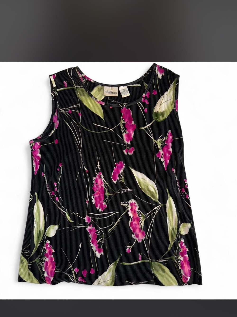 Essentials Black Floral Tank Top with Pink & Green Print